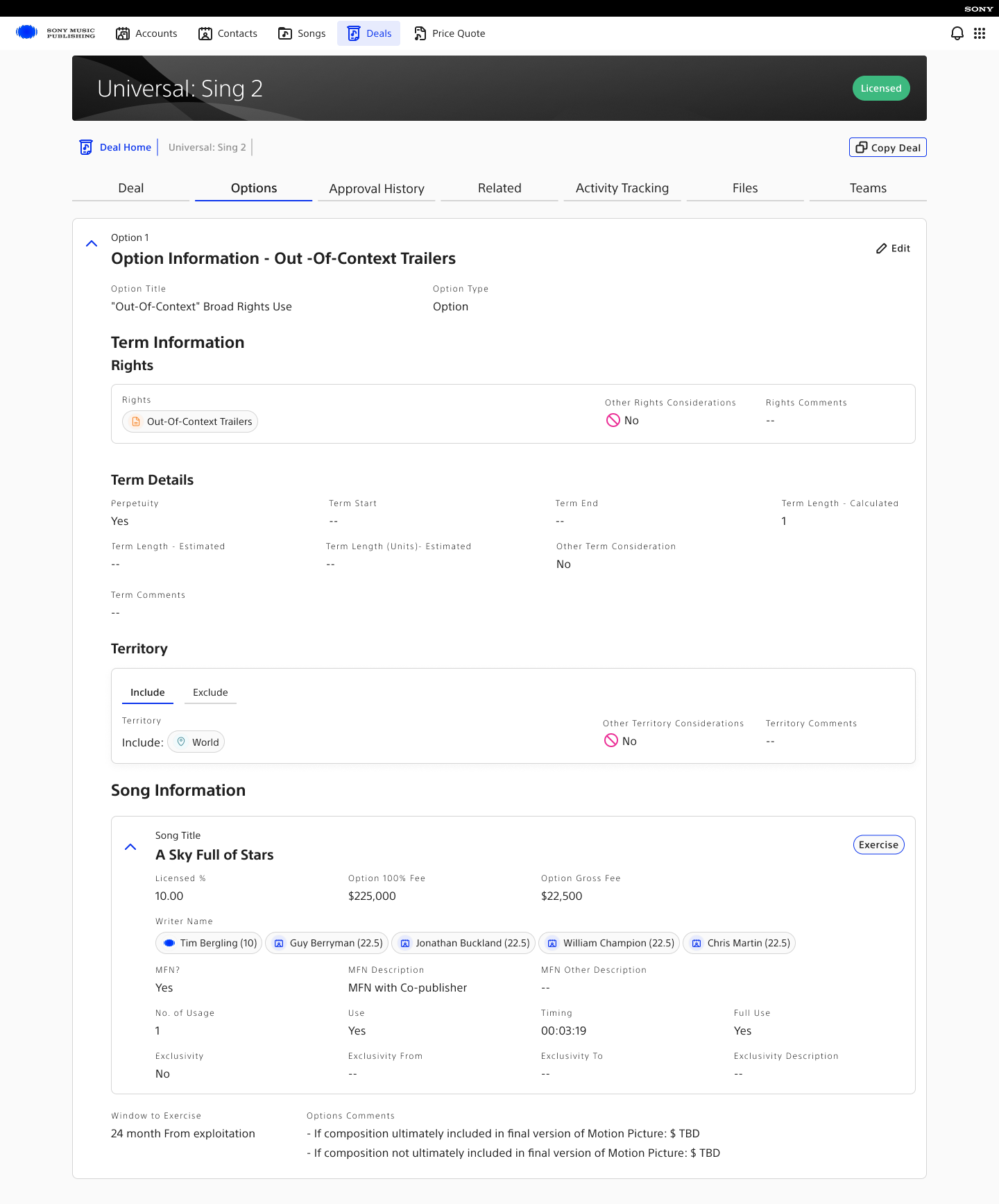 Deal workspace — options